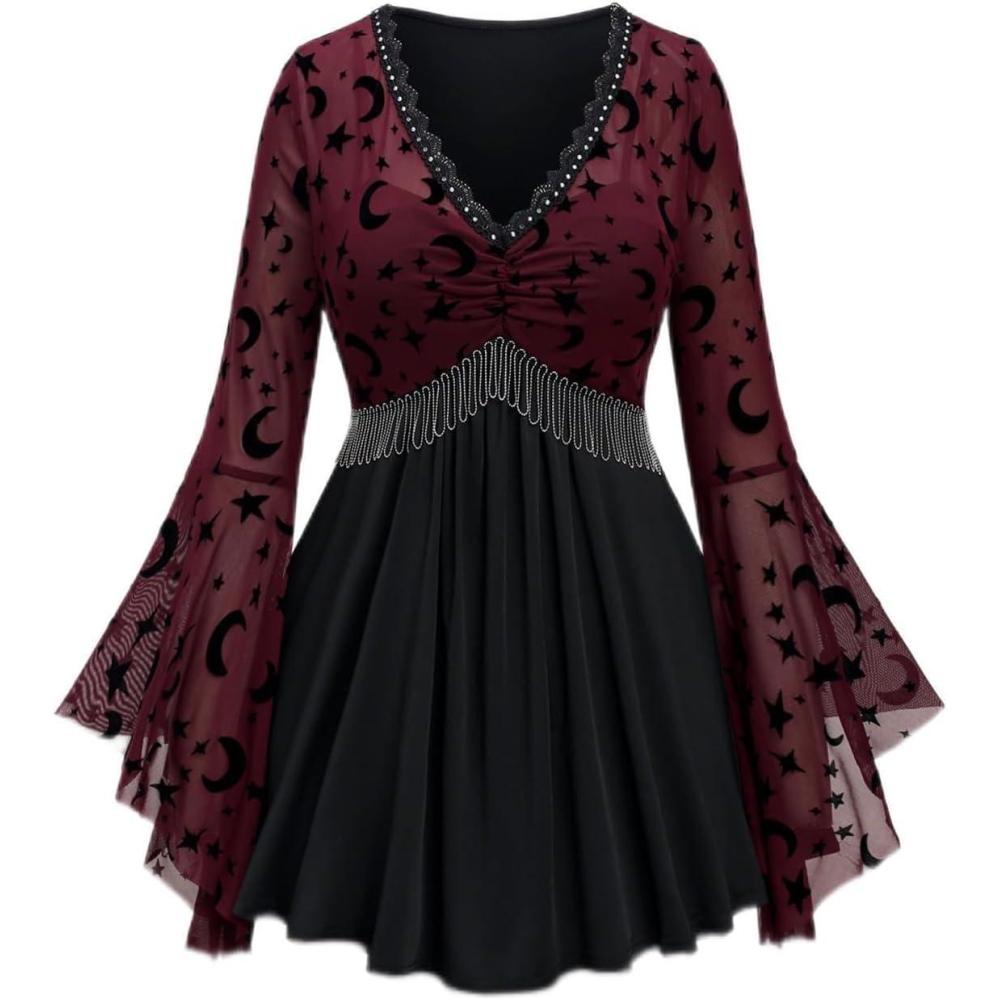 image:imageROSE GAL Rosegal Women Plus Size Gothic Moon Star Mesh Panel Bell Sleeves Chain Tassel TShirtDeep Red1