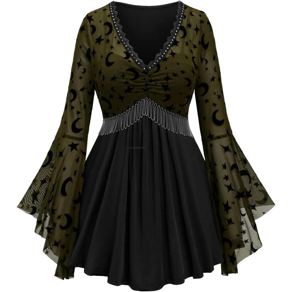image:imageROSE GAL Rosegal Women Plus Size Gothic Moon Star Mesh Panel Bell Sleeves Chain Tassel TShirtGreen1