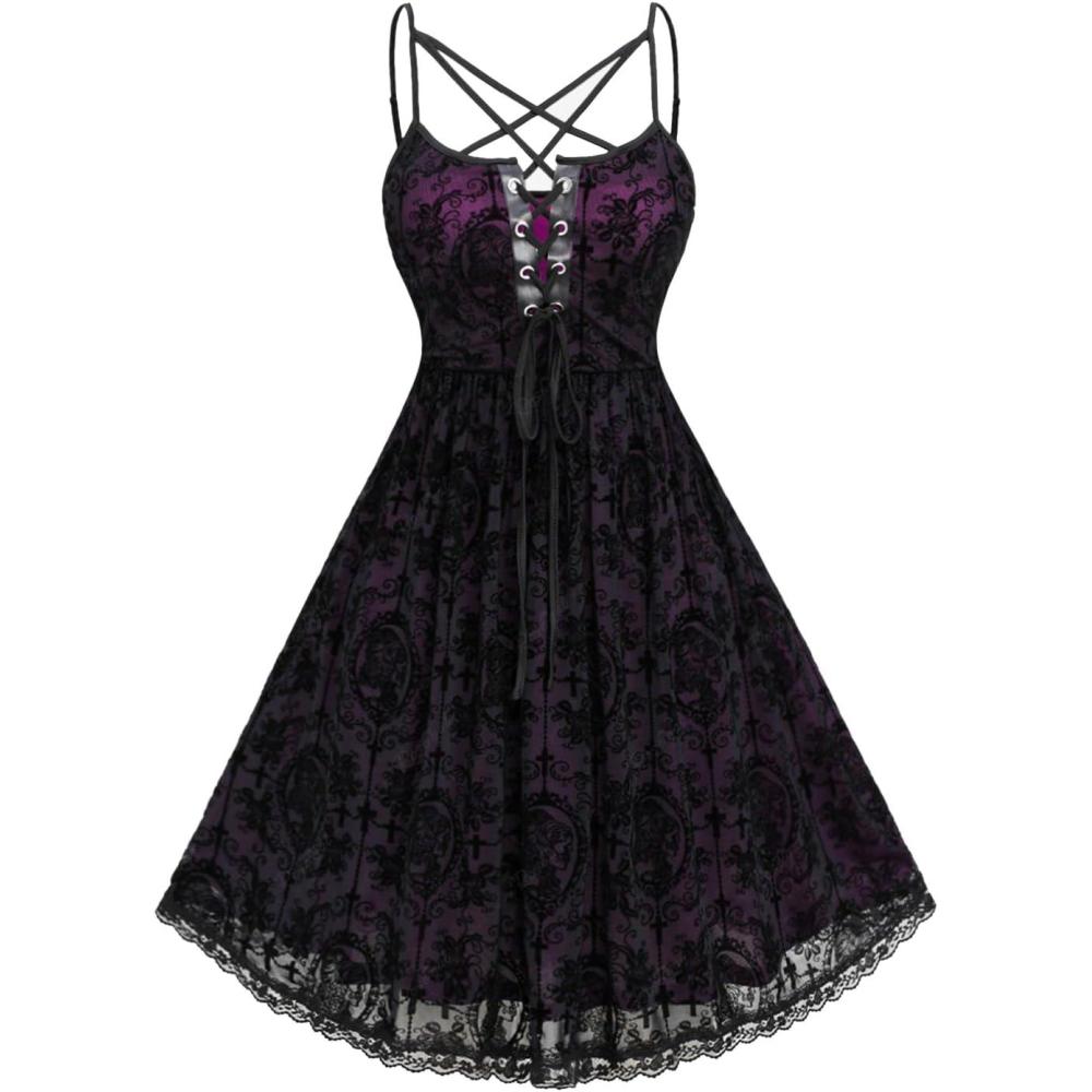 image:imageROSE GAL Rosegal Women Plus Size Gothic Overlay Midi Dress Backless Spaghetti Strap A Line DressBlack3