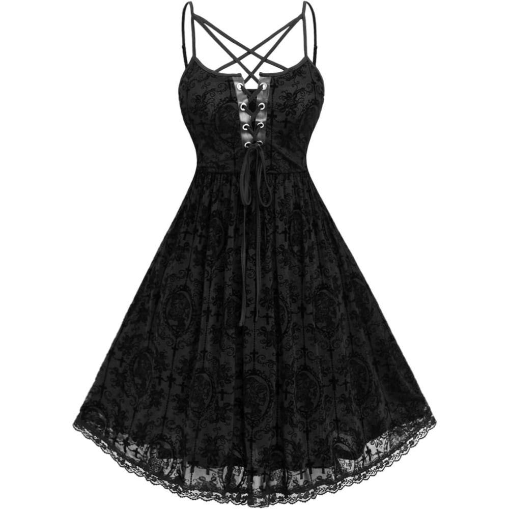 image:imageROSE GAL Rosegal Women Plus Size Gothic Overlay Midi Dress Backless Spaghetti Strap A Line DressBlack4