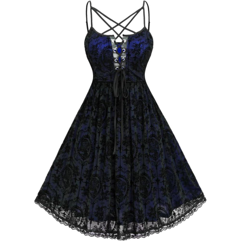 image:imageROSE GAL Rosegal Women Plus Size Gothic Overlay Midi Dress Backless Spaghetti Strap A Line DressBlue3
