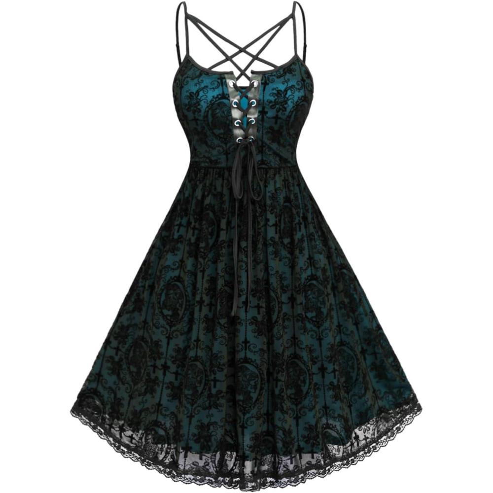 image:imageROSE GAL Rosegal Women Plus Size Gothic Overlay Midi Dress Backless Spaghetti Strap A Line DressGreen3