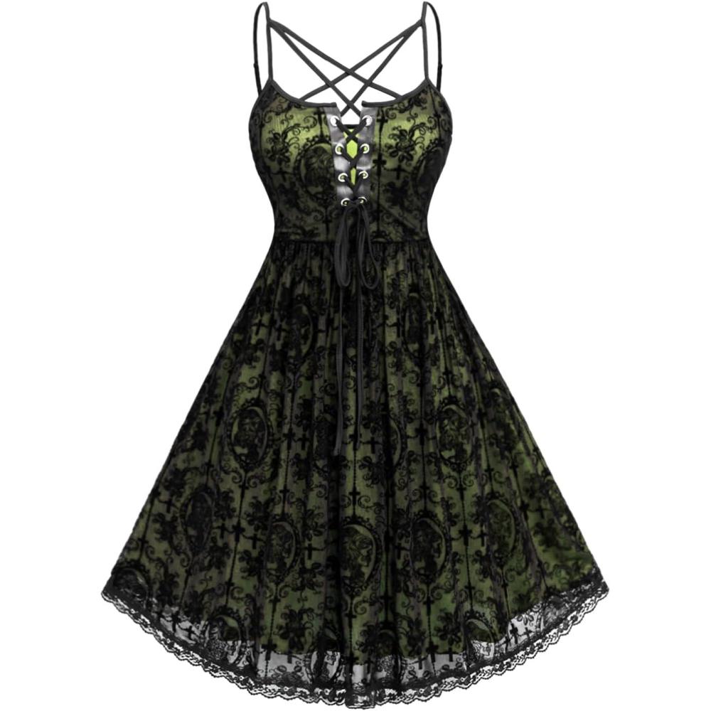 image:imageROSE GAL Rosegal Women Plus Size Gothic Overlay Midi Dress Backless Spaghetti Strap A Line DressGreen4