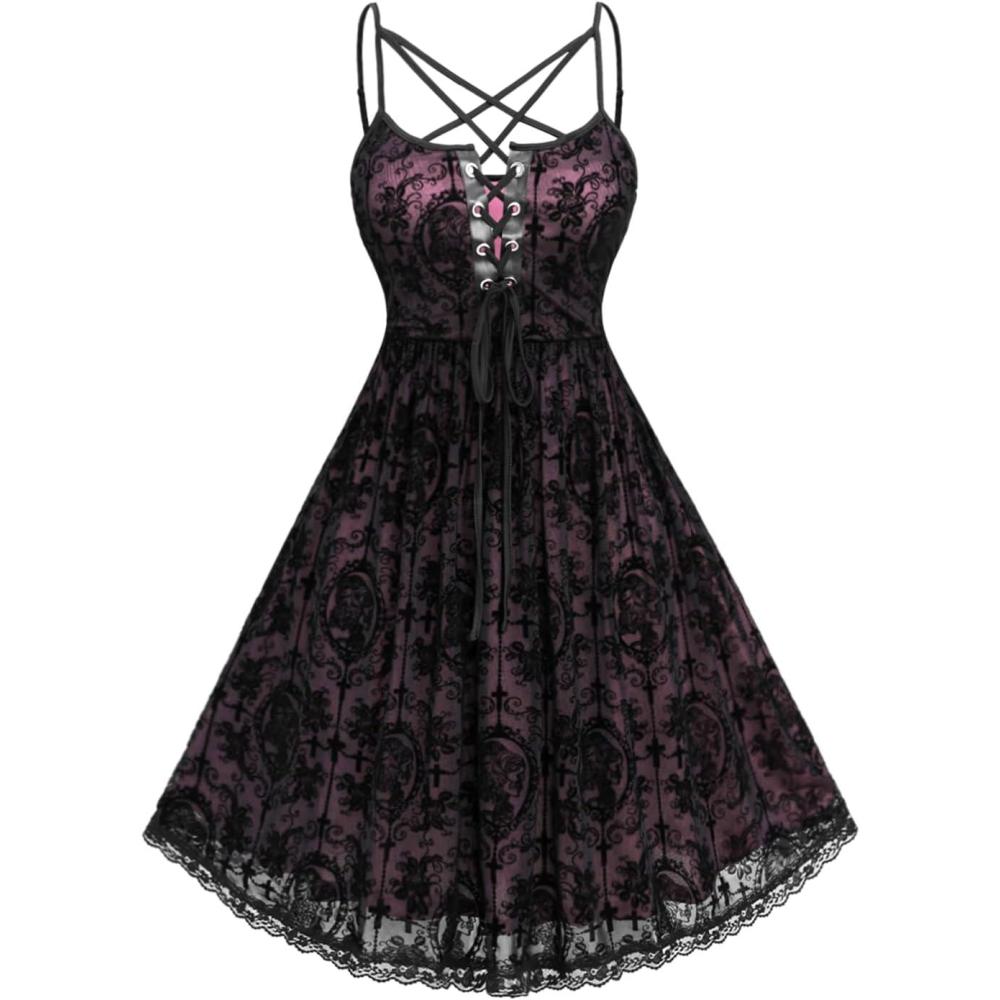 image:imageROSE GAL Rosegal Women Plus Size Gothic Overlay Midi Dress Backless Spaghetti Strap A Line DressRed4