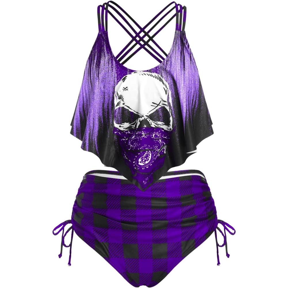 image:imageROSE GAL Rosegal Women Plus Size Gothic Tankini Swimsuit Skull Print Crisscross Flounce Two Piece Bathing SuitPurple1