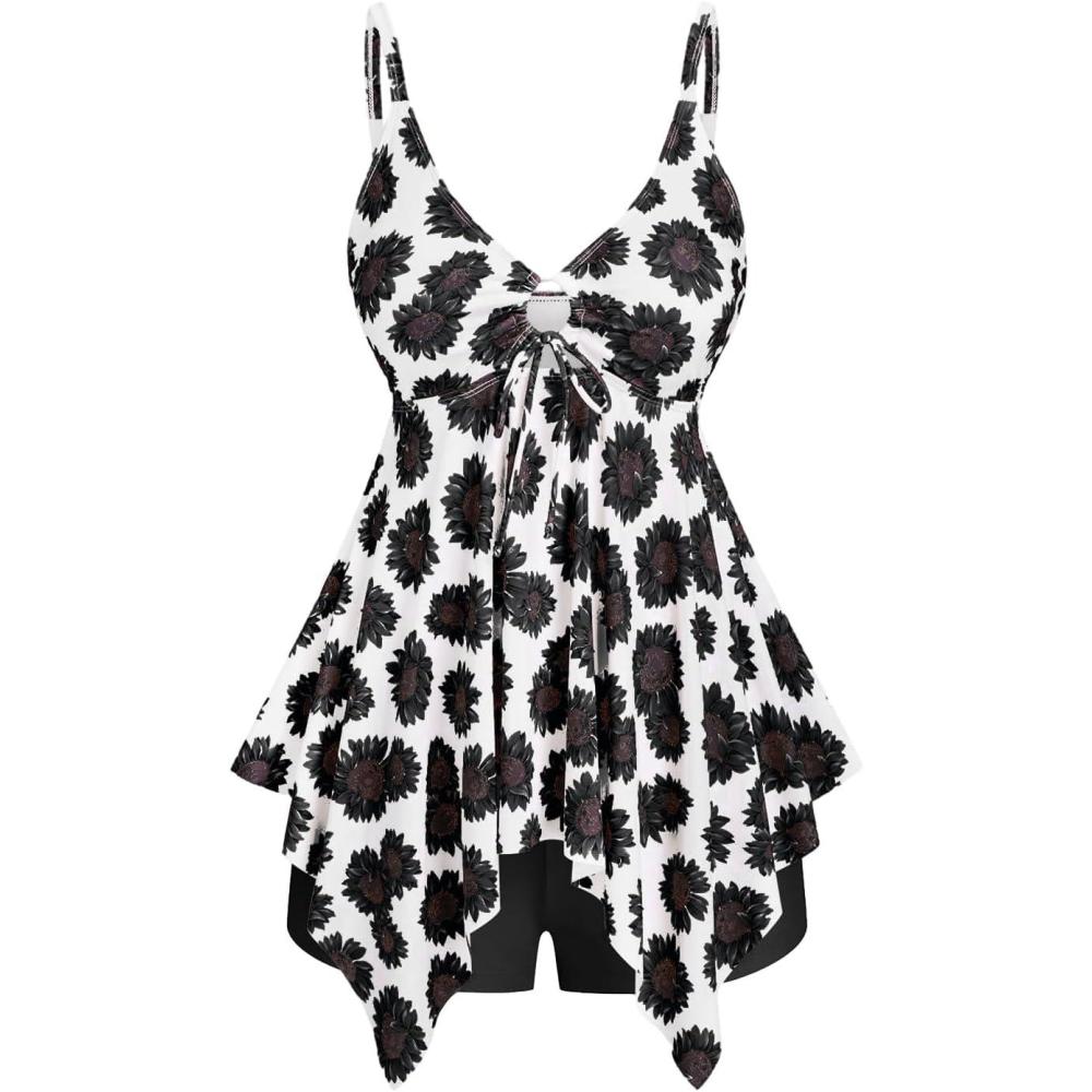image:imageROSE GAL Rosegal Women Plus Size Modest Tankini Swimsuit Handkerchief Sunflower Cinched Boyleg SwimwerBlack1