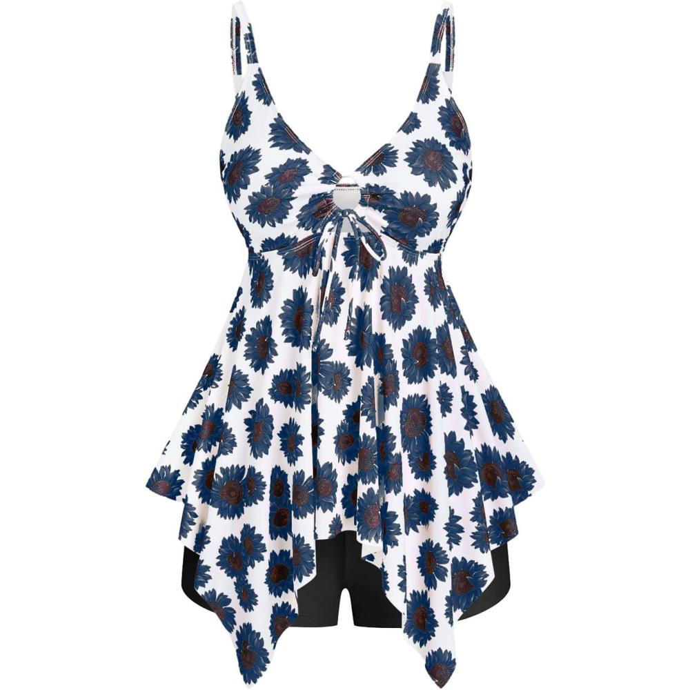 image:imageROSE GAL Rosegal Women Plus Size Modest Tankini Swimsuit Handkerchief Sunflower Cinched Boyleg SwimwerBlue1