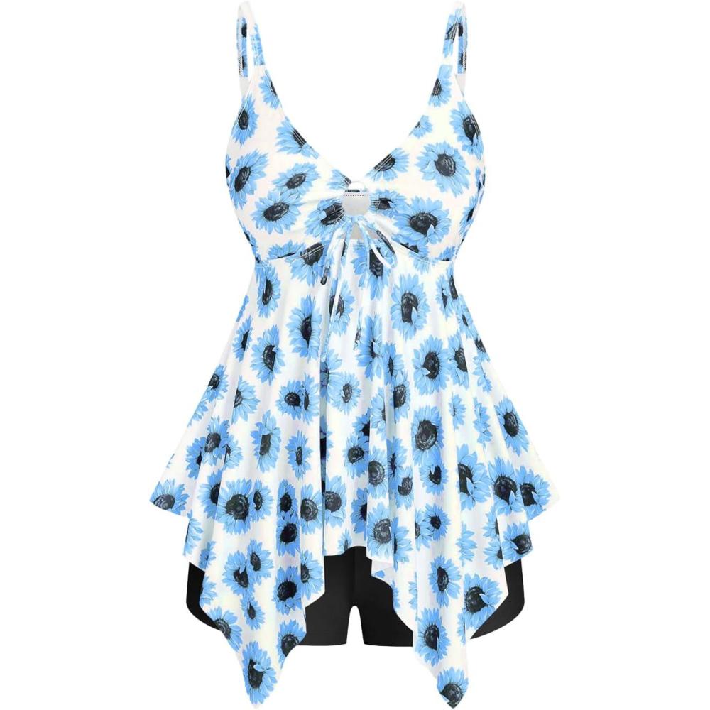 image:imageROSE GAL Rosegal Women Plus Size Modest Tankini Swimsuit Handkerchief Sunflower Cinched Boyleg SwimwerBlue2