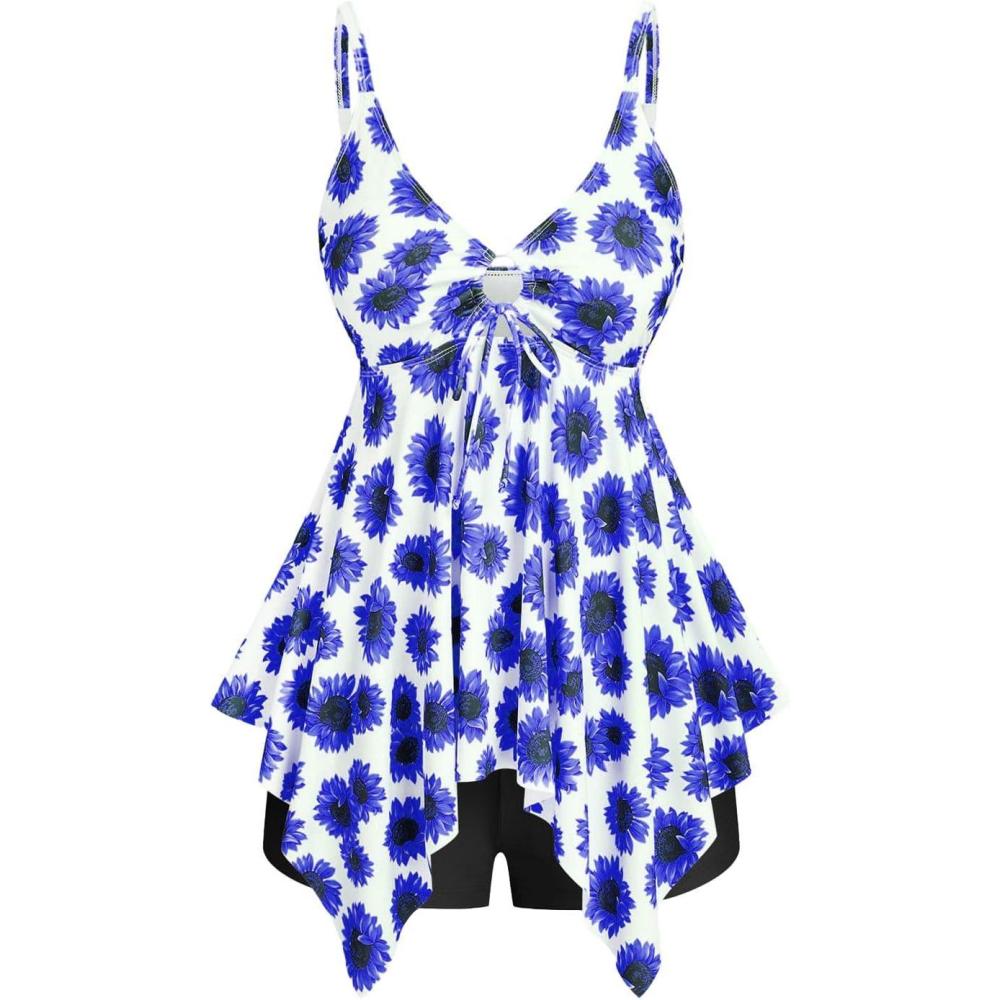 image:imageROSE GAL Rosegal Women Plus Size Modest Tankini Swimsuit Handkerchief Sunflower Cinched Boyleg SwimwerBlue3