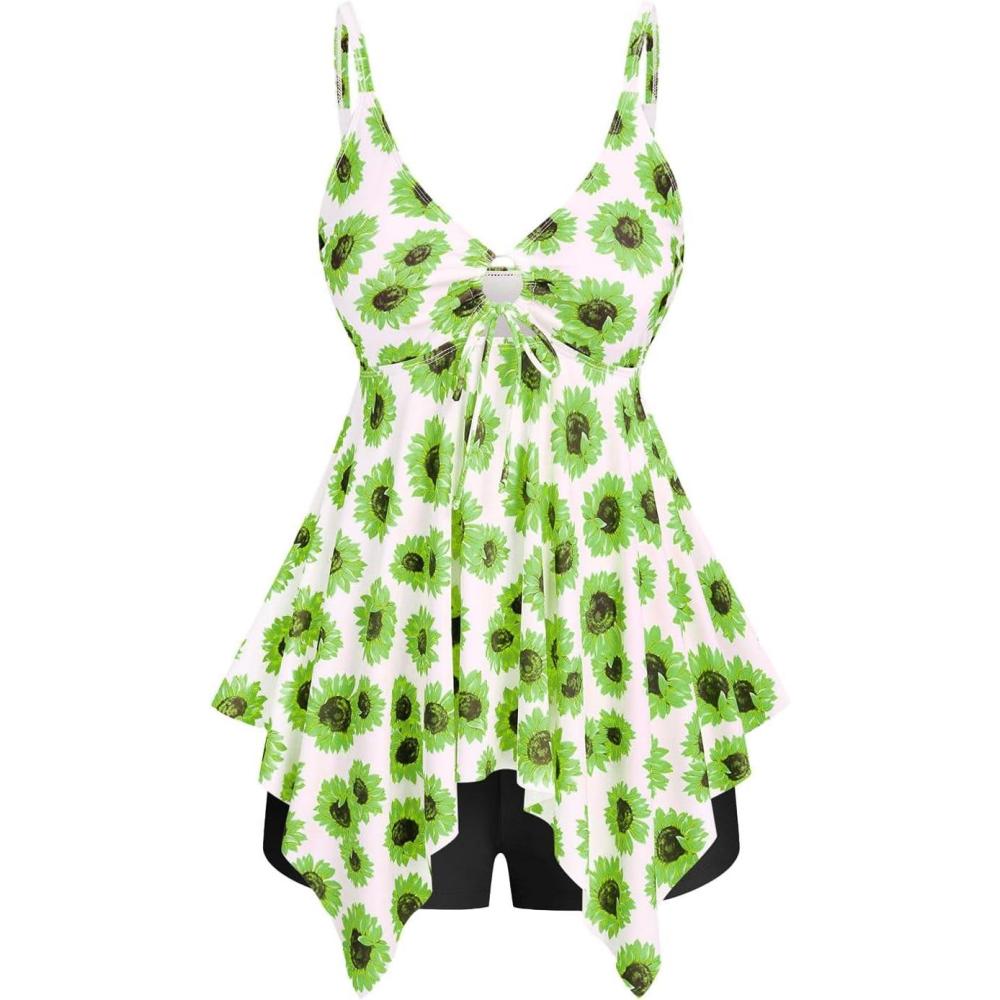 image:imageROSE GAL Rosegal Women Plus Size Modest Tankini Swimsuit Handkerchief Sunflower Cinched Boyleg SwimwerGreen2