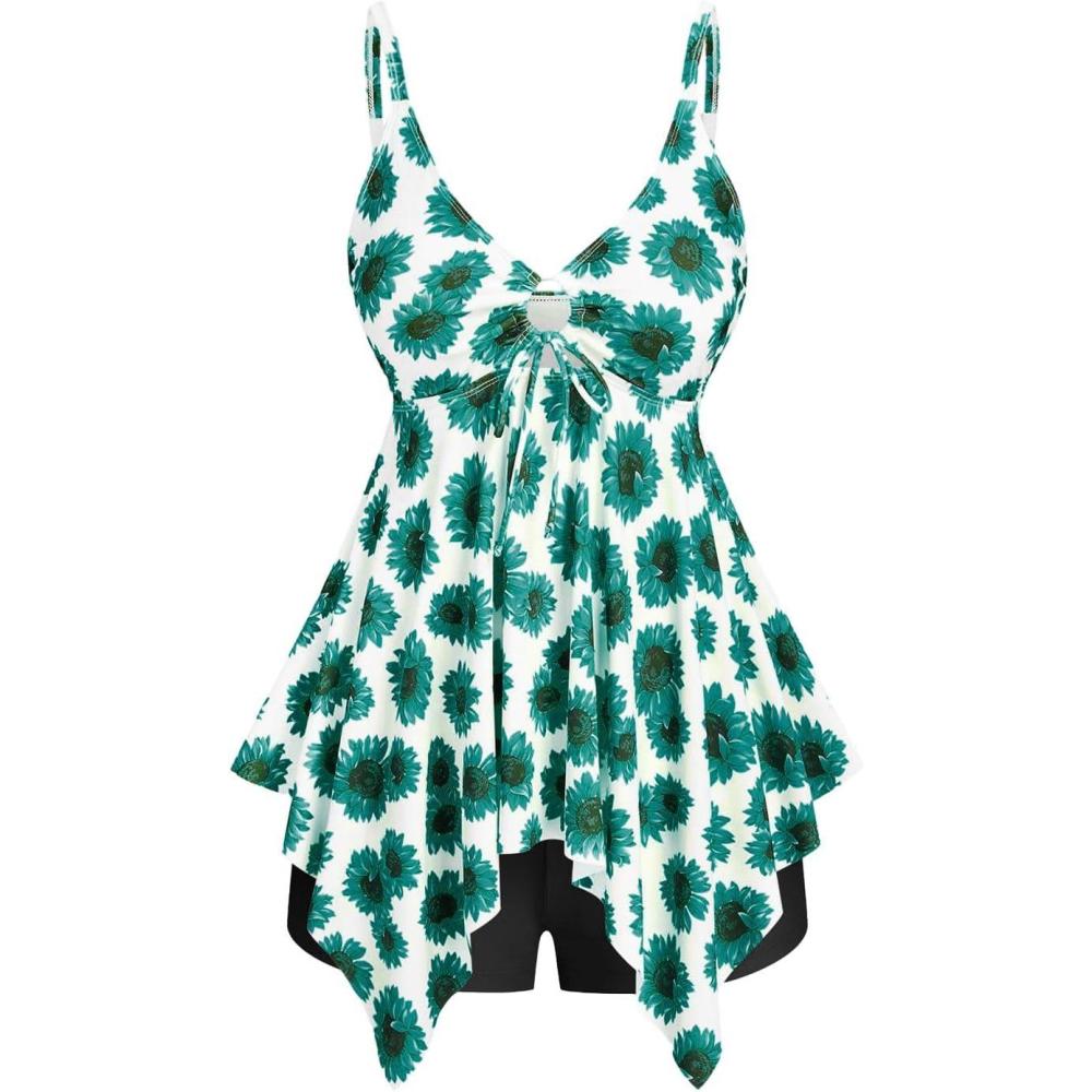 image:imageROSE GAL Rosegal Women Plus Size Modest Tankini Swimsuit Handkerchief Sunflower Cinched Boyleg SwimwerGreen3