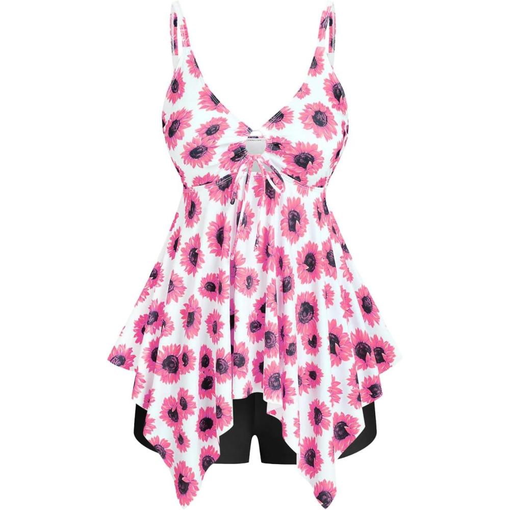 image:imageROSE GAL Rosegal Women Plus Size Modest Tankini Swimsuit Handkerchief Sunflower Cinched Boyleg SwimwerPink1