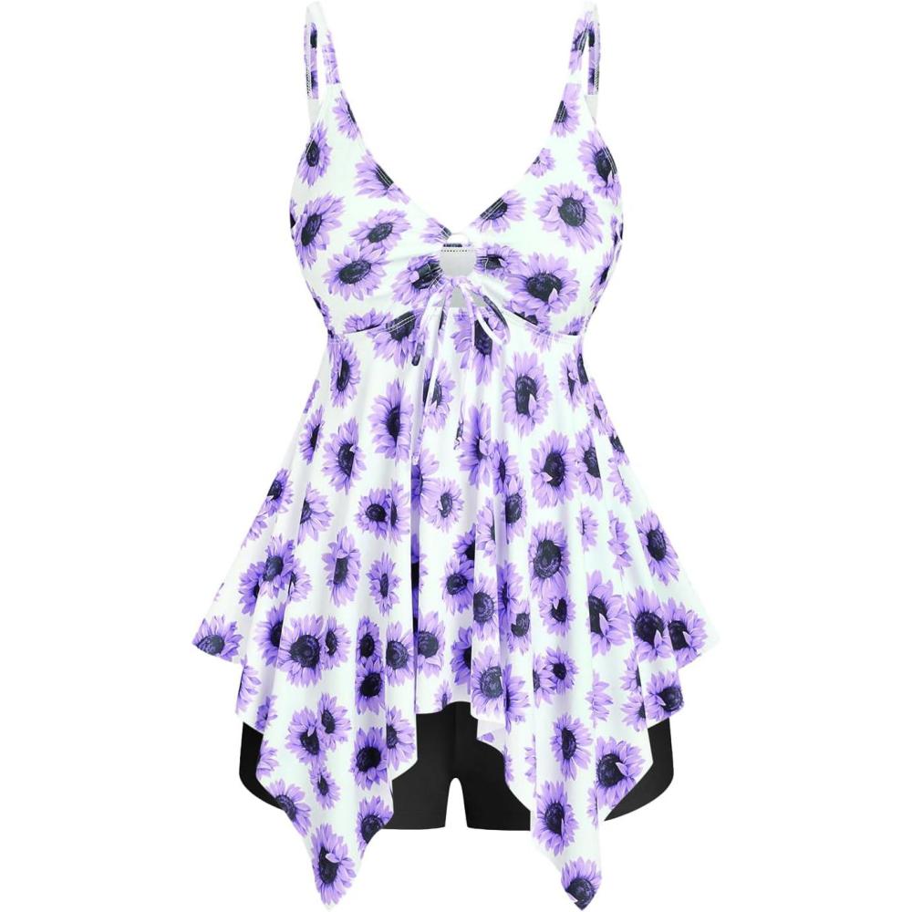 image:imageROSE GAL Rosegal Women Plus Size Modest Tankini Swimsuit Handkerchief Sunflower Cinched Boyleg SwimwerPurple1