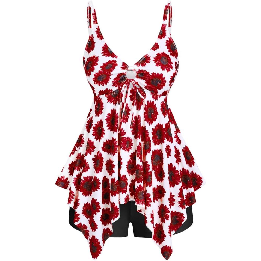 image:imageROSE GAL Rosegal Women Plus Size Modest Tankini Swimsuit Handkerchief Sunflower Cinched Boyleg SwimwerRed1