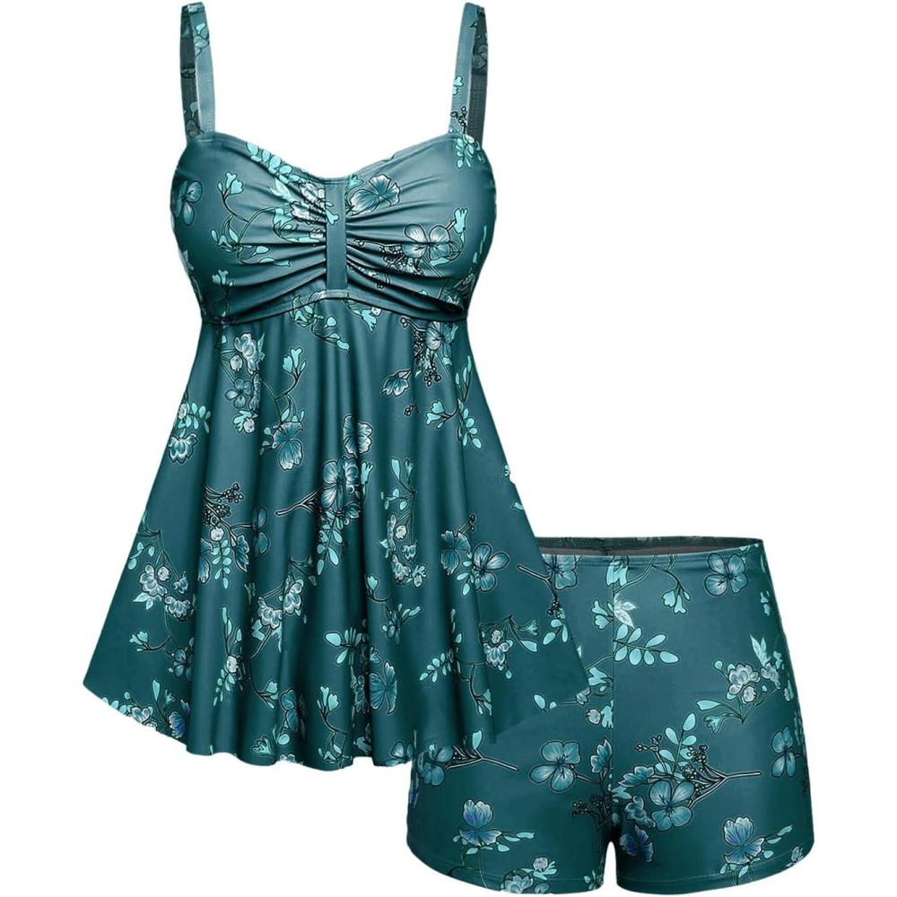 image:imageROSE GAL Rosegal Women Plus Size Modest Tankini Swimsuit Two Piece Bathing Suits Floral Print Swim Tops with Boy ShortsDeep Green
