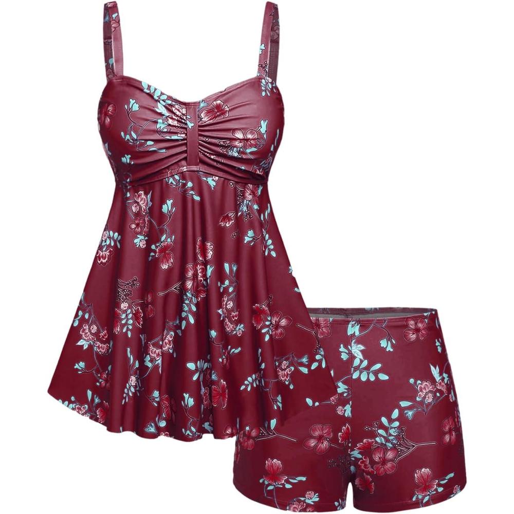 image:imageROSE GAL Rosegal Women Plus Size Modest Tankini Swimsuit Two Piece Bathing Suits Floral Print Swim Tops with Boy ShortsDeep Red
