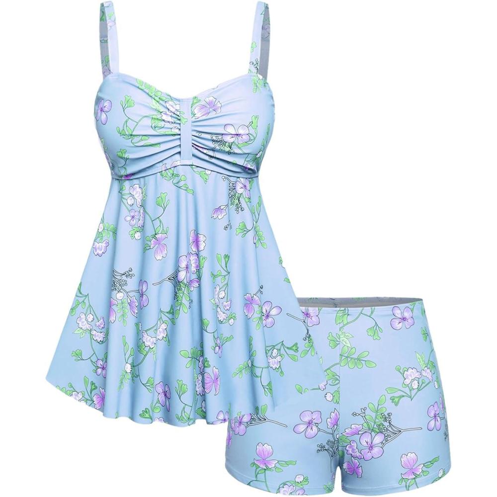 image:imageROSE GAL Rosegal Women Plus Size Modest Tankini Swimsuit Two Piece Bathing Suits Floral Print Swim Tops with Boy ShortsLight Blue