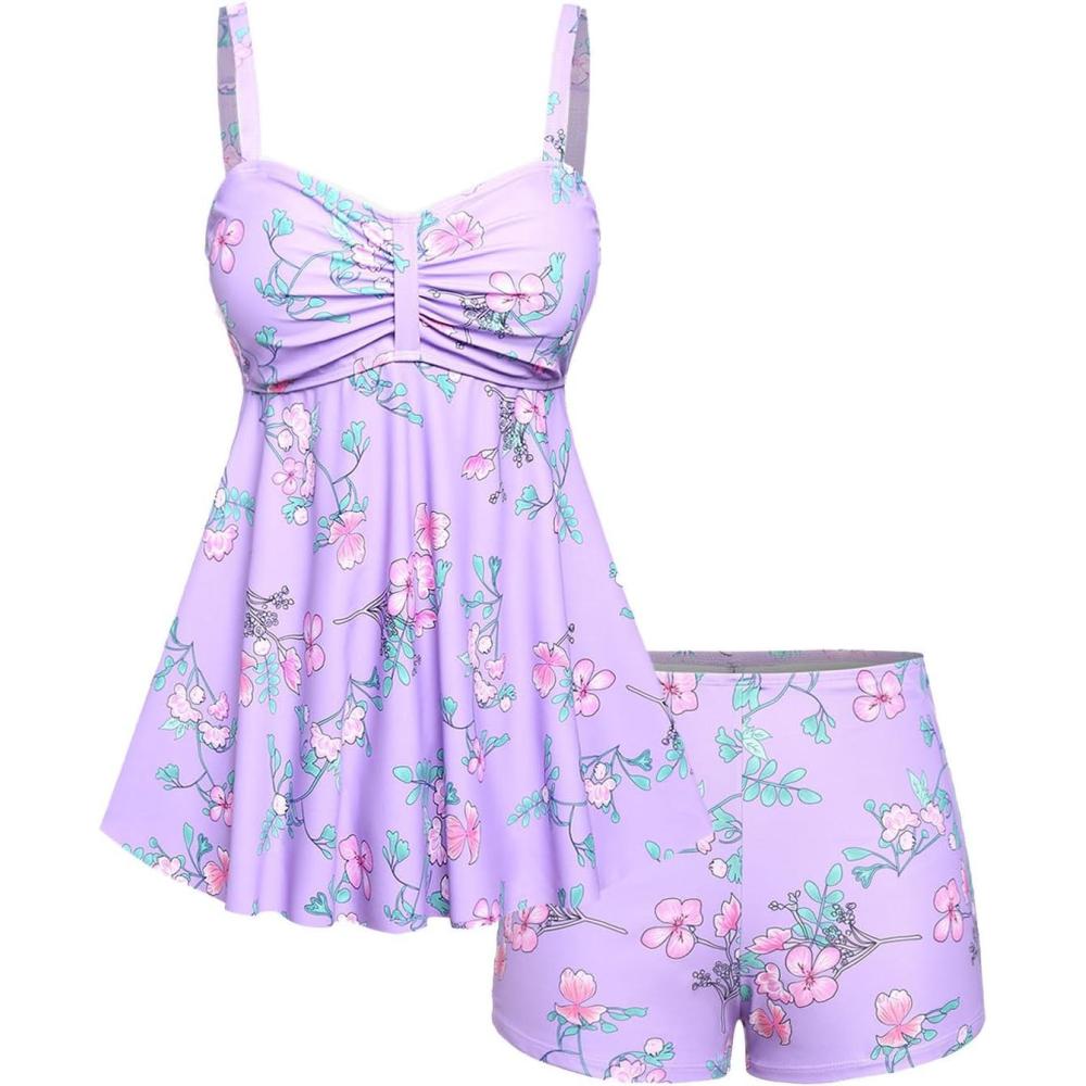image:imageROSE GAL Rosegal Women Plus Size Modest Tankini Swimsuit Two Piece Bathing Suits Floral Print Swim Tops with Boy ShortsPurple