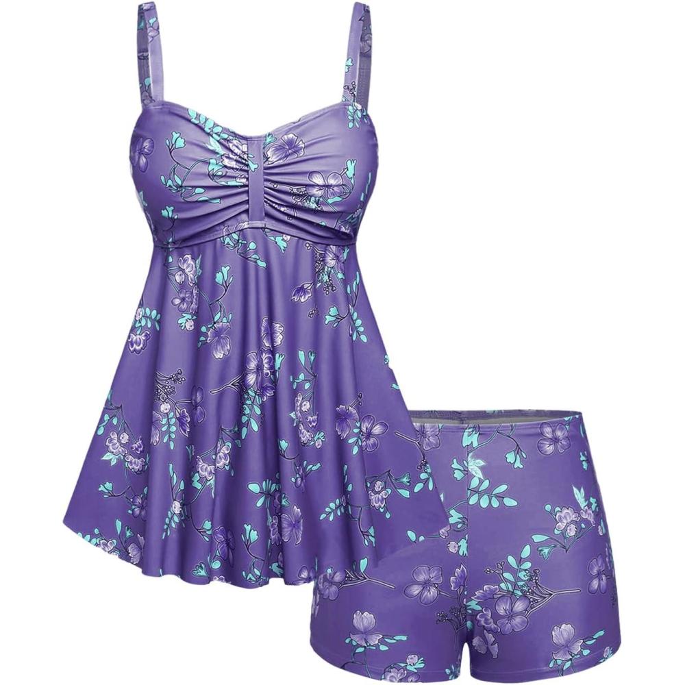 image:imageROSE GAL Rosegal Women Plus Size Modest Tankini Swimsuit Two Piece Bathing Suits Floral Print Swim Tops with Boy ShortsPurple1