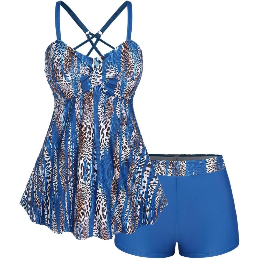 image:imageROSE GAL Rosegal Women Plus Size Modest Tankini Swimsuit Two Piece Bathing Suits Leopard Print Swim Tops with Boy ShortsBlue