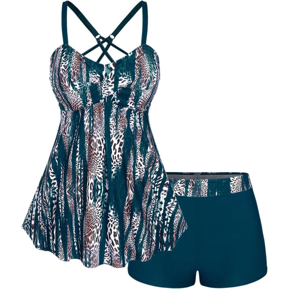 image:imageROSE GAL Rosegal Women Plus Size Modest Tankini Swimsuit Two Piece Bathing Suits Leopard Print Swim Tops with Boy ShortsPeacock Blue