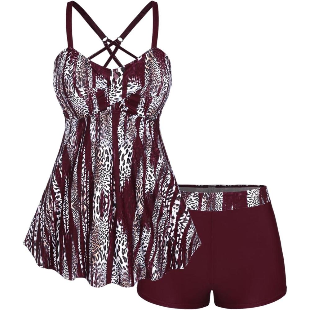 image:imageROSE GAL Rosegal Women Plus Size Modest Tankini Swimsuit Two Piece Bathing Suits Leopard Print Swim Tops with Boy ShortsWine Red