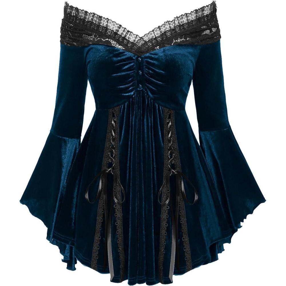 image:imageROSE GAL Rosegal Women Plus Size Romantic Gothic Laceup Lace Panel Ruched Bell Sleeves Velvet TeeBlue5