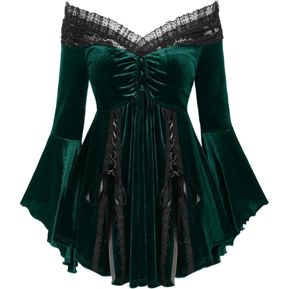image:imageROSE GAL Rosegal Women Plus Size Romantic Gothic Laceup Lace Panel Ruched Bell Sleeves Velvet TeeGreen1