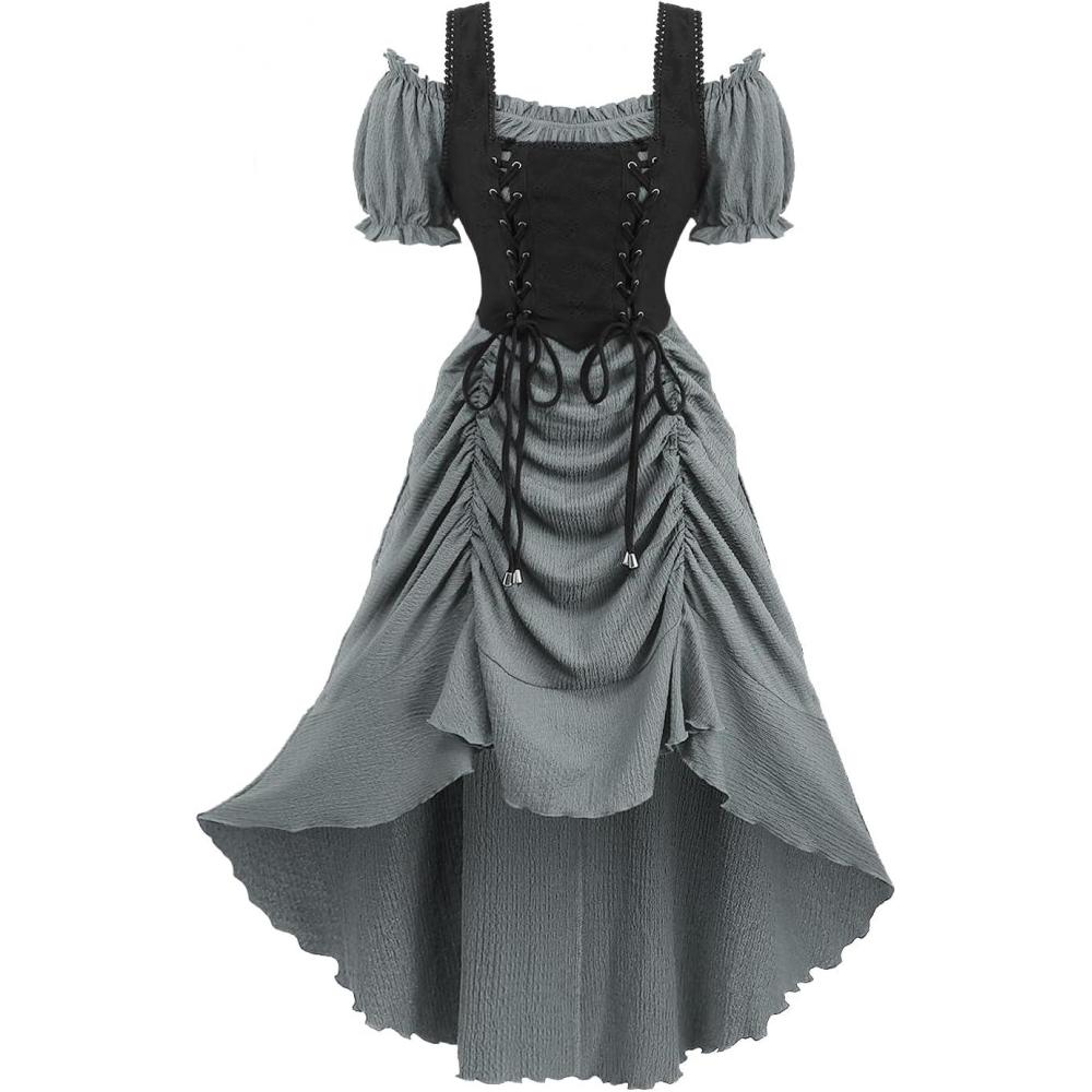 image:imageROSE GAL Rosegal Women Plus Size Steampunk Renaissance Costume Dress Cold Shoulder Ruffles Laceup High Low DressGray1