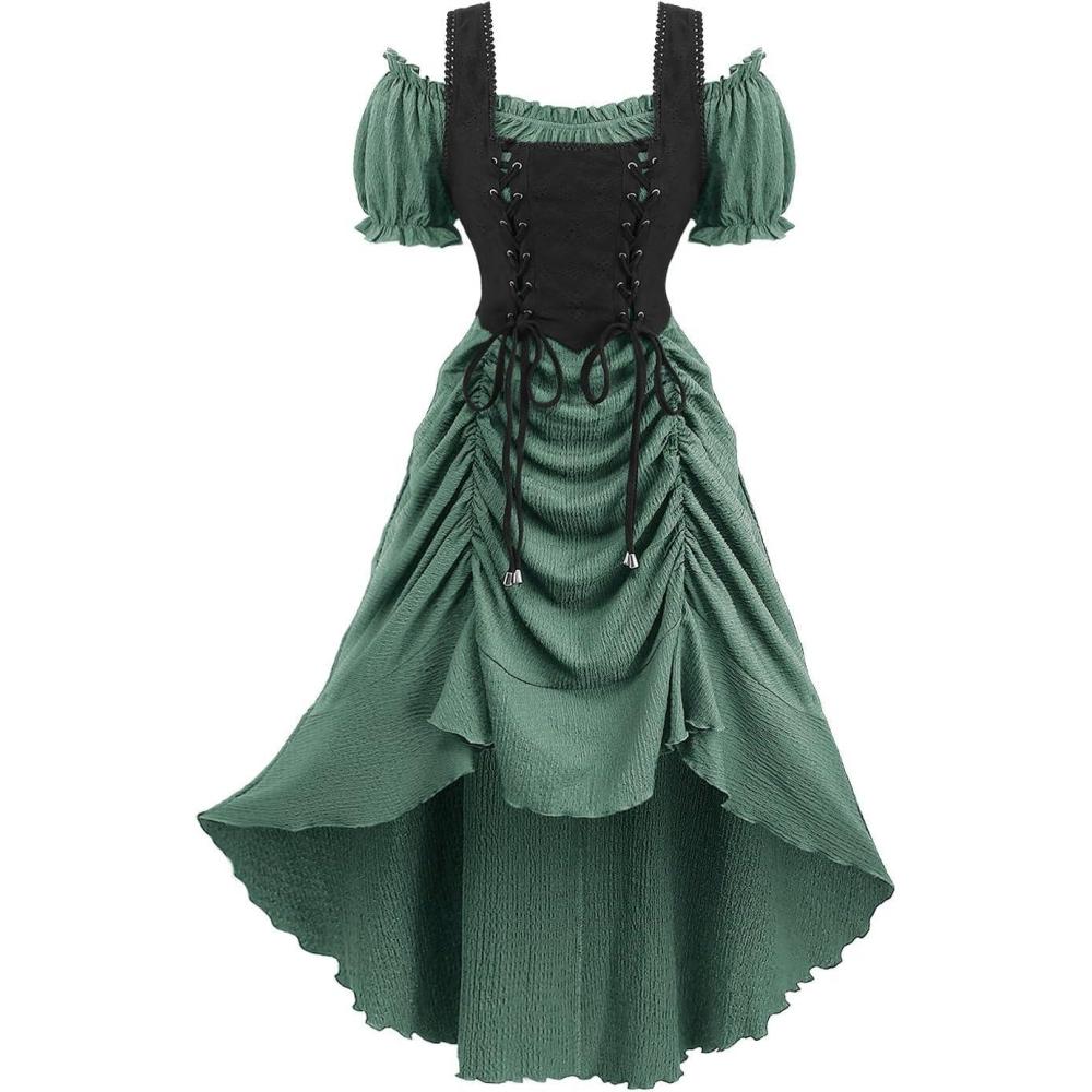 image:imageROSE GAL Rosegal Women Plus Size Steampunk Renaissance Costume Dress Cold Shoulder Ruffles Laceup High Low DressGreen1