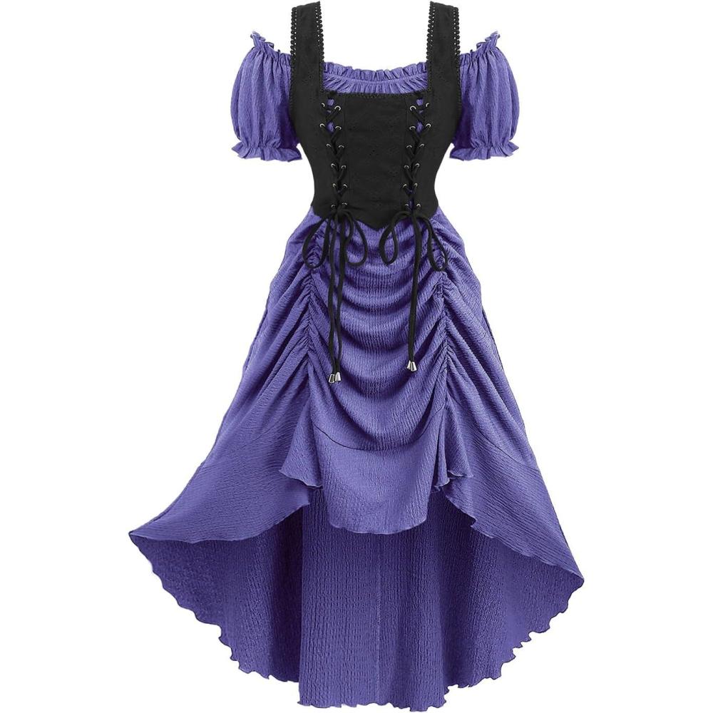 image:imageROSE GAL Rosegal Women Plus Size Steampunk Renaissance Costume Dress Cold Shoulder Ruffles Laceup High Low DressPurple1