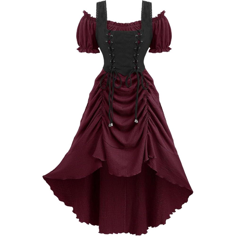 image:imageROSE GAL Rosegal Women Plus Size Steampunk Renaissance Costume Dress Cold Shoulder Ruffles Laceup High Low DressRed1