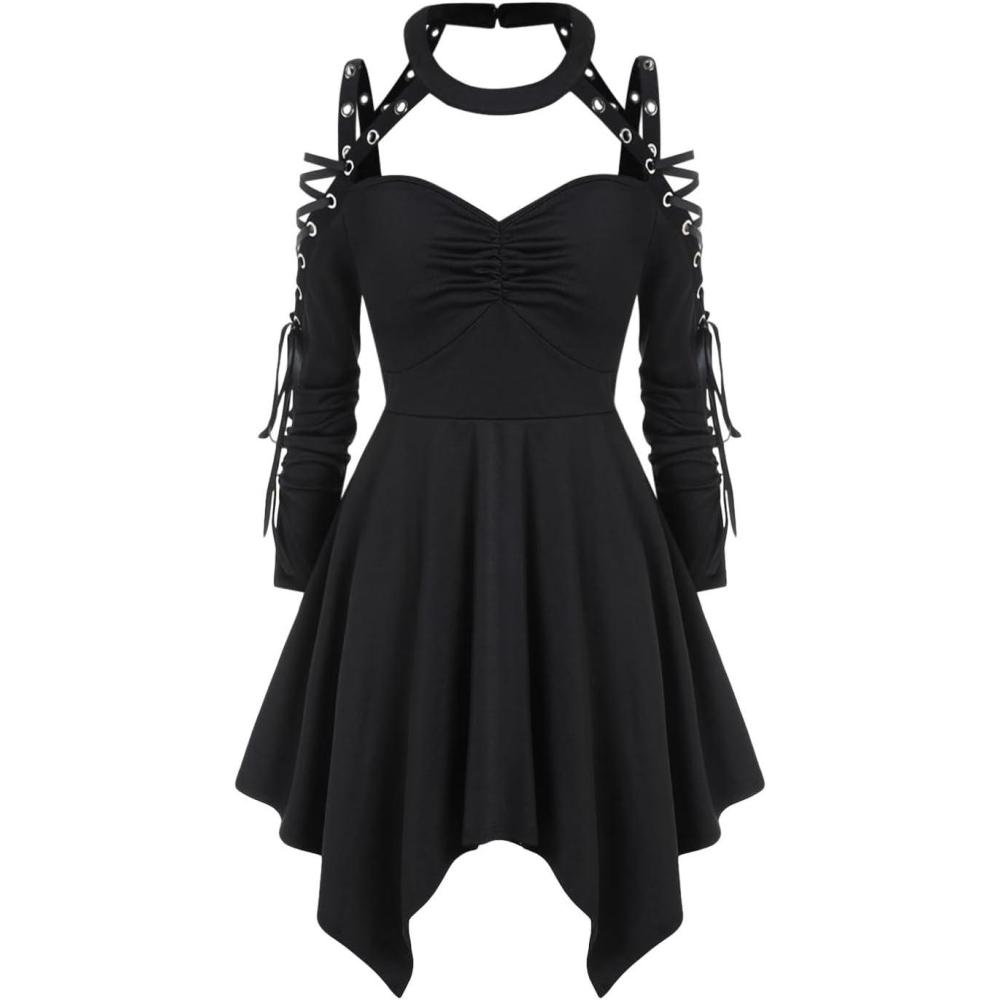 image:imageROSE GAL Rosegal Womens Plus Size Gothic Choker Laceup Grommets Cutout Handkerchief Hem Cold Shoulder Long Sleeve Tunic TopBlack3