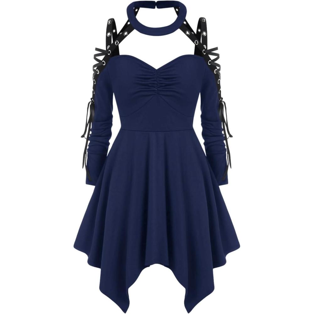 image:imageROSE GAL Rosegal Womens Plus Size Gothic Choker Laceup Grommets Cutout Handkerchief Hem Cold Shoulder Long Sleeve Tunic TopBlue
