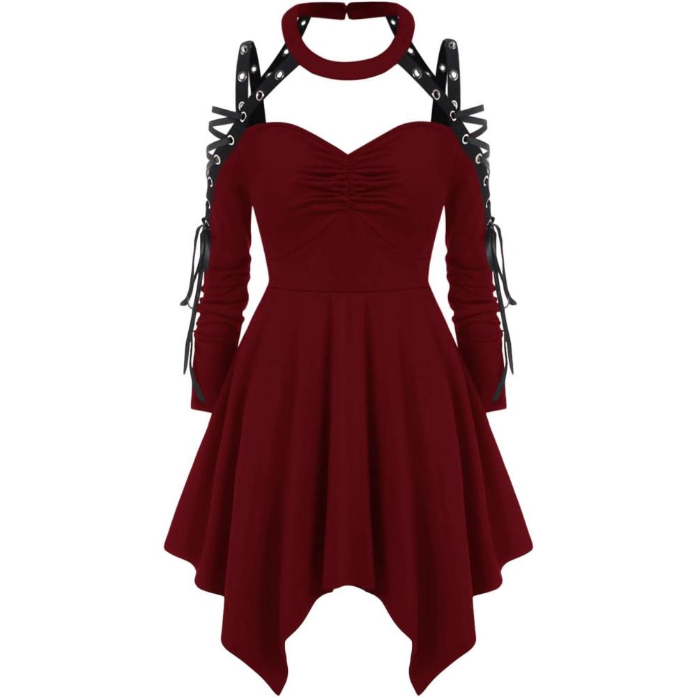 image:imageROSE GAL Rosegal Womens Plus Size Gothic Choker Laceup Grommets Cutout Handkerchief Hem Cold Shoulder Long Sleeve Tunic TopRed