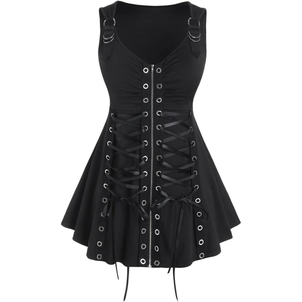 image:imageROSE GAL Rosegal Womens Plus Size Gothic Lace Up Grommets Full Zipper Sleeveless Strap Tank TopBlack8