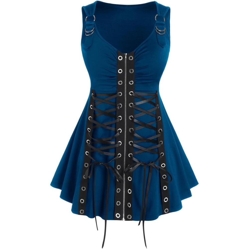 image:imageROSE GAL Rosegal Womens Plus Size Gothic Lace Up Grommets Full Zipper Sleeveless Strap Tank TopBlue1