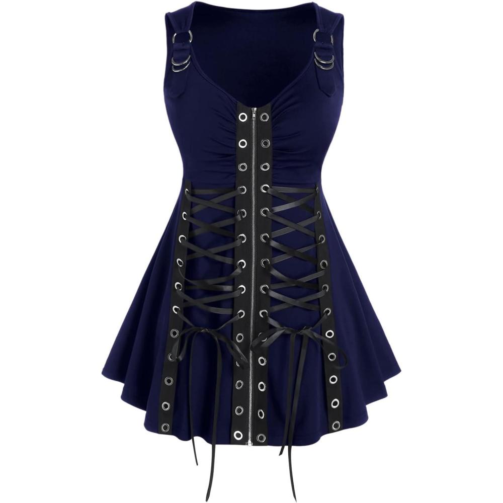 image:imageROSE GAL Rosegal Womens Plus Size Gothic Lace Up Grommets Full Zipper Sleeveless Strap Tank TopDeep Blue
