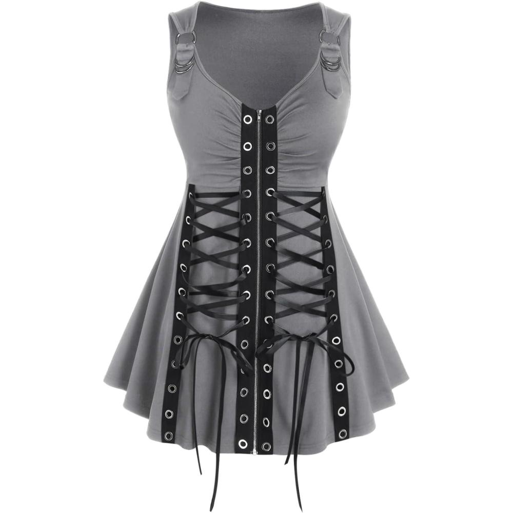 image:imageROSE GAL Rosegal Womens Plus Size Gothic Lace Up Grommets Full Zipper Sleeveless Strap Tank TopGray