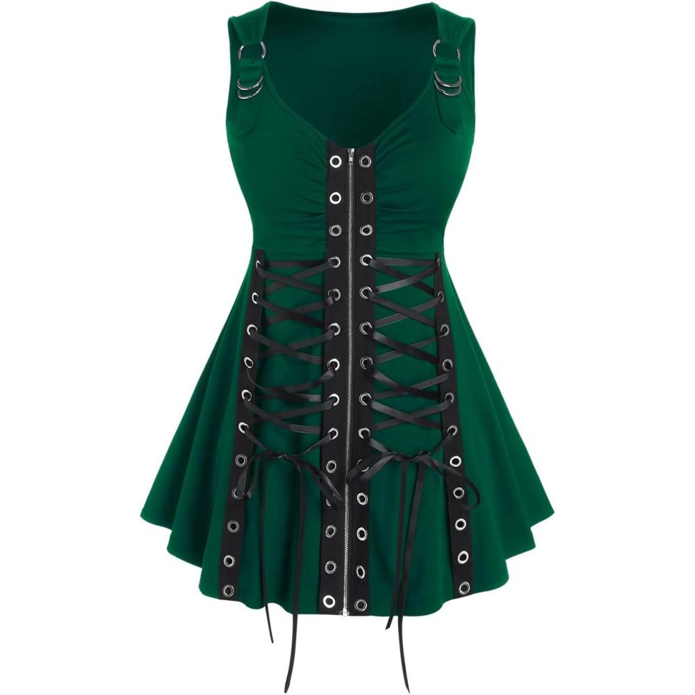 image:imageROSE GAL Rosegal Womens Plus Size Gothic Lace Up Grommets Full Zipper Sleeveless Strap Tank TopGreen1