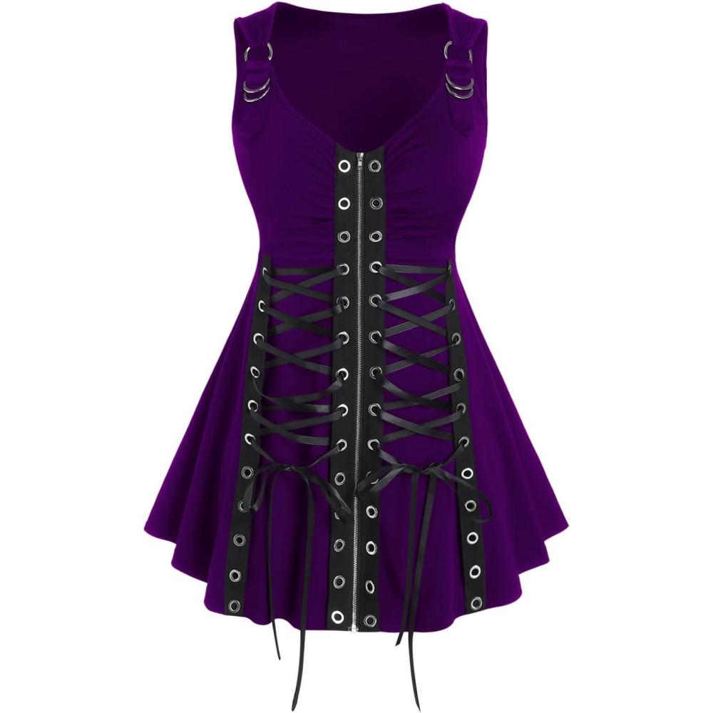 image:imageROSE GAL Rosegal Womens Plus Size Gothic Lace Up Grommets Full Zipper Sleeveless Strap Tank TopPurple