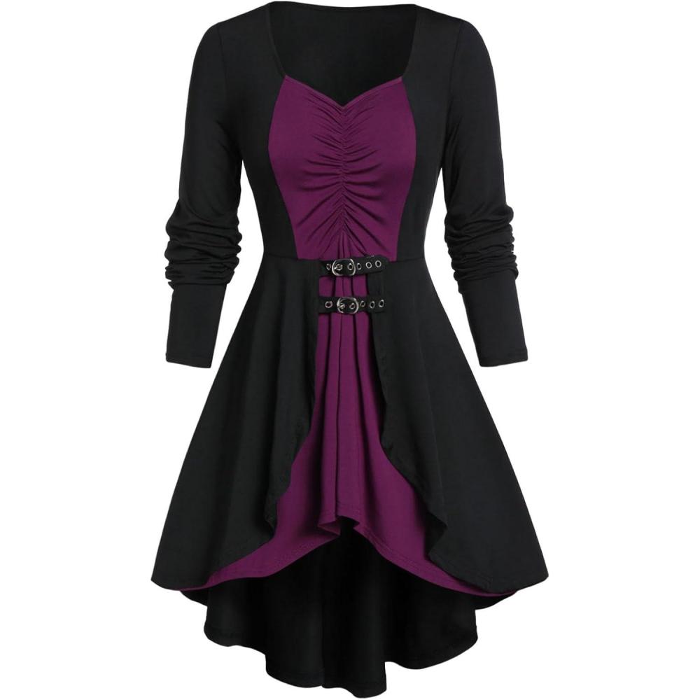image:imageROSE GAL Rosegal Womens Plus Size Gothic Laceup Back Two Tone Ruched Grommets Buckle Long Sleeve High Low Hem Tunic TShirtBlack