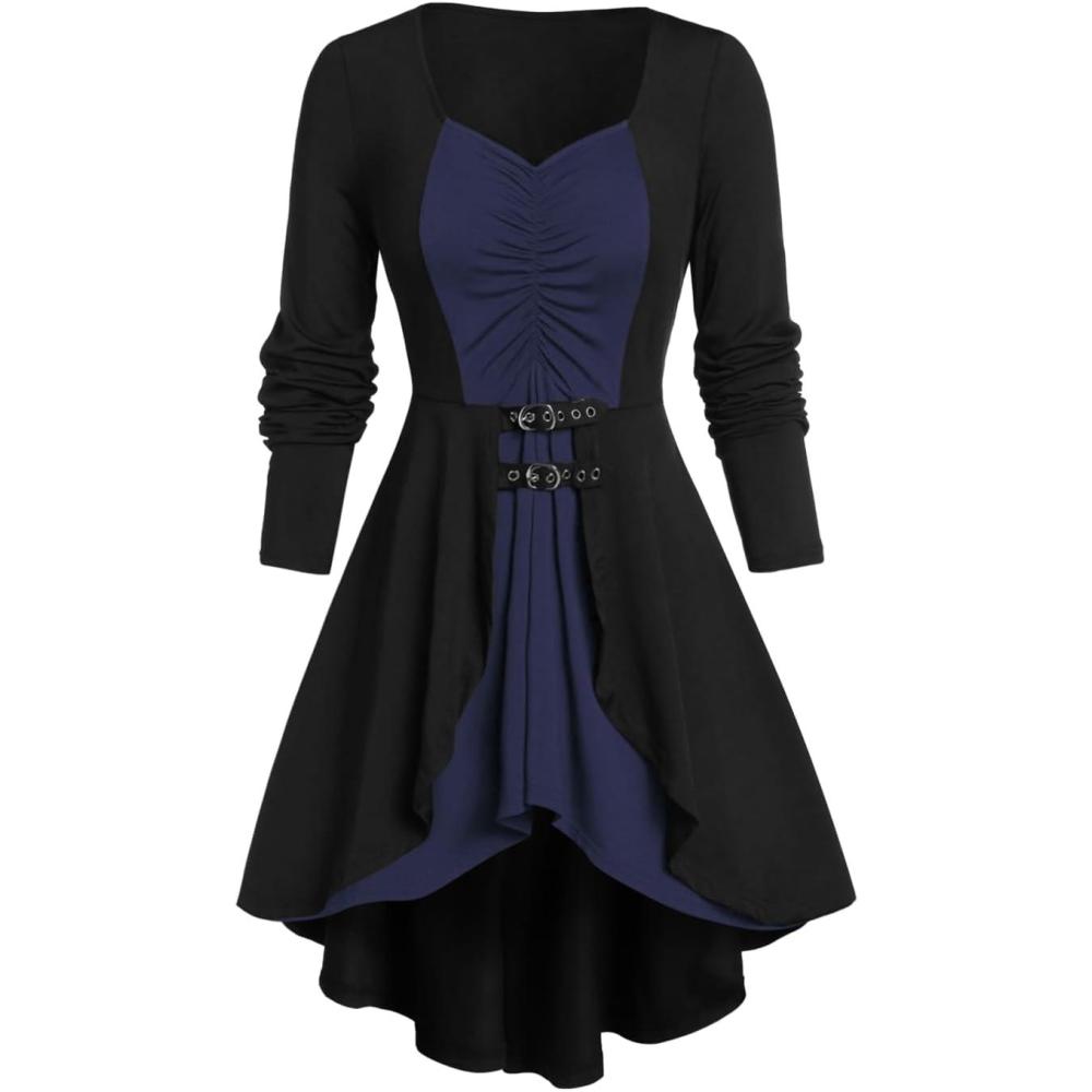 image:imageROSE GAL Rosegal Womens Plus Size Gothic Laceup Back Two Tone Ruched Grommets Buckle Long Sleeve High Low Hem Tunic TShirtBlue