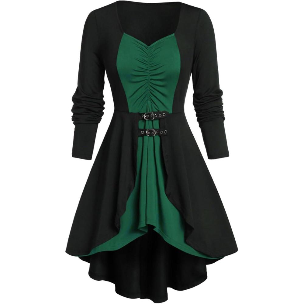 image:imageROSE GAL Rosegal Womens Plus Size Gothic Laceup Back Two Tone Ruched Grommets Buckle Long Sleeve High Low Hem Tunic TShirtGreen