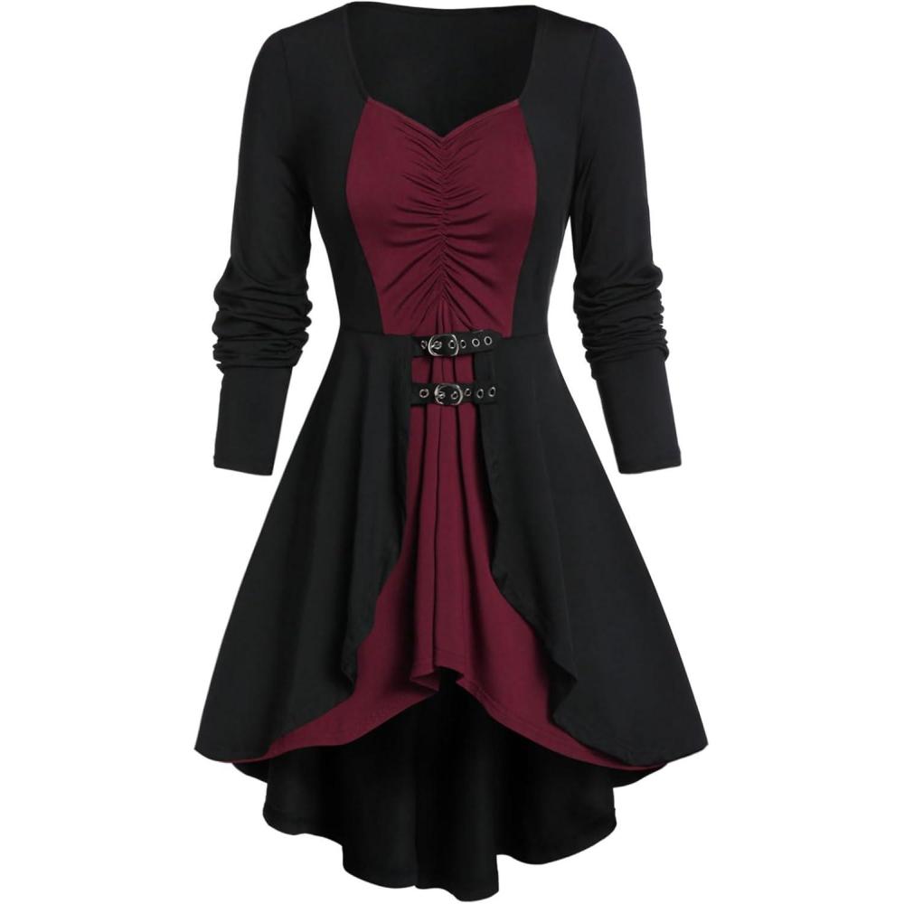 image:imageROSE GAL Rosegal Womens Plus Size Gothic Laceup Back Two Tone Ruched Grommets Buckle Long Sleeve High Low Hem Tunic TShirtRed1