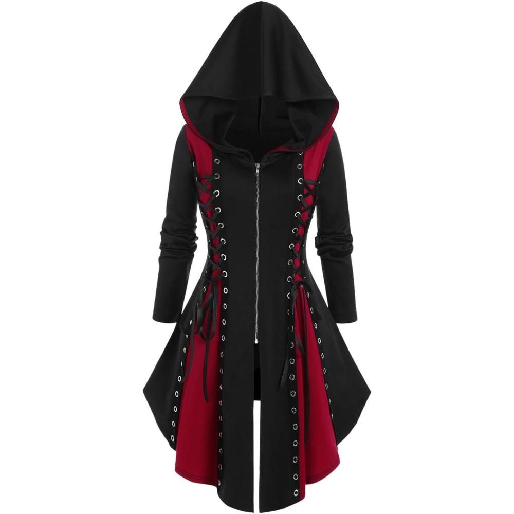 image:imageROSE GAL Rosegal Womens Plus Size Hooded Laceup Grommets Color Block Gothic Zip Front Asymmetrical Hem Long Sleeve TopBlack2