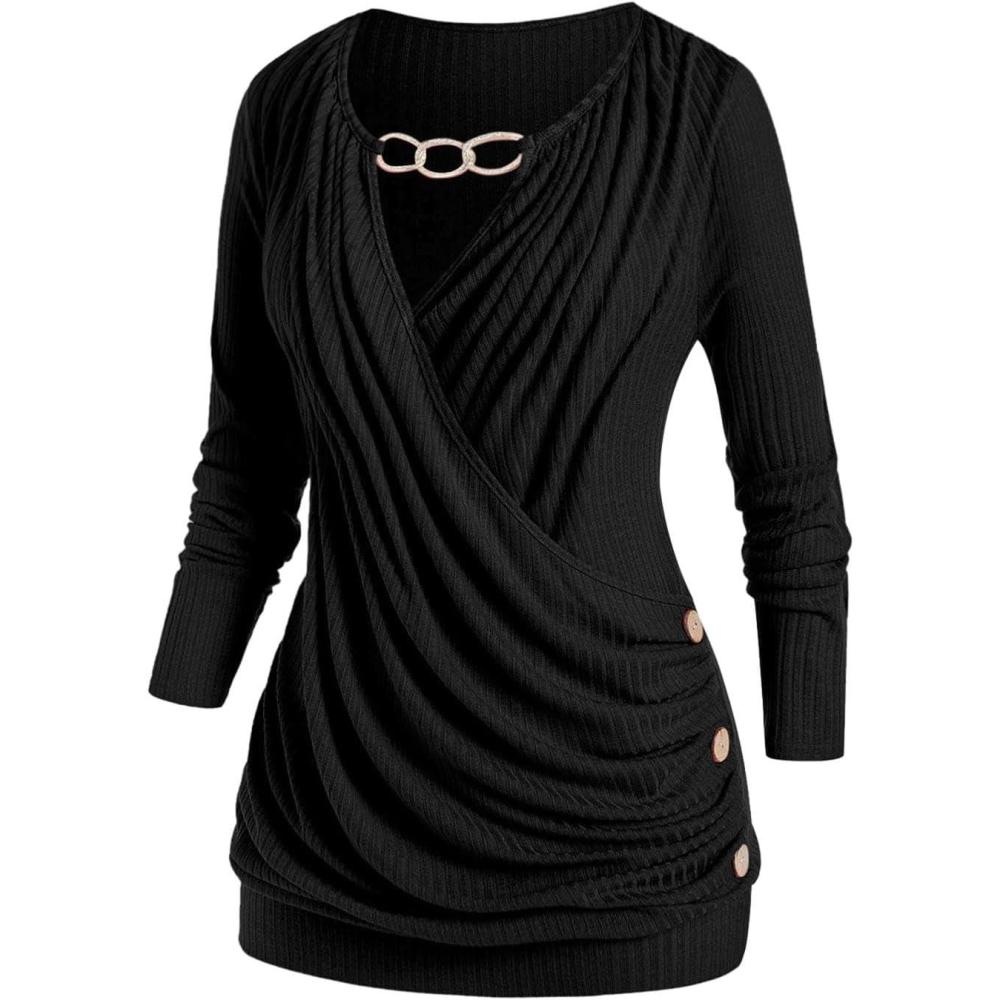 image:imageROSE GAL Rosegal Womens Plus Size Wide Ribbed Keyhole Cutout Draped Ruched Surplice Wrap Long Sleeve Blouson TopBlack