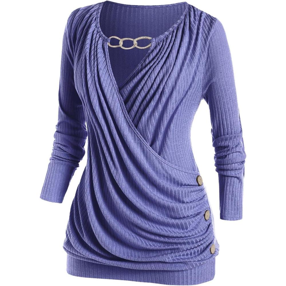 image:imageROSE GAL Rosegal Womens Plus Size Wide Ribbed Keyhole Cutout Draped Ruched Surplice Wrap Long Sleeve Blouson TopBlue