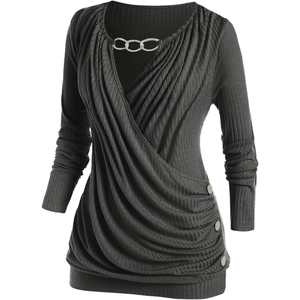 image:imageROSE GAL Rosegal Womens Plus Size Wide Ribbed Keyhole Cutout Draped Ruched Surplice Wrap Long Sleeve Blouson TopDeep Gray