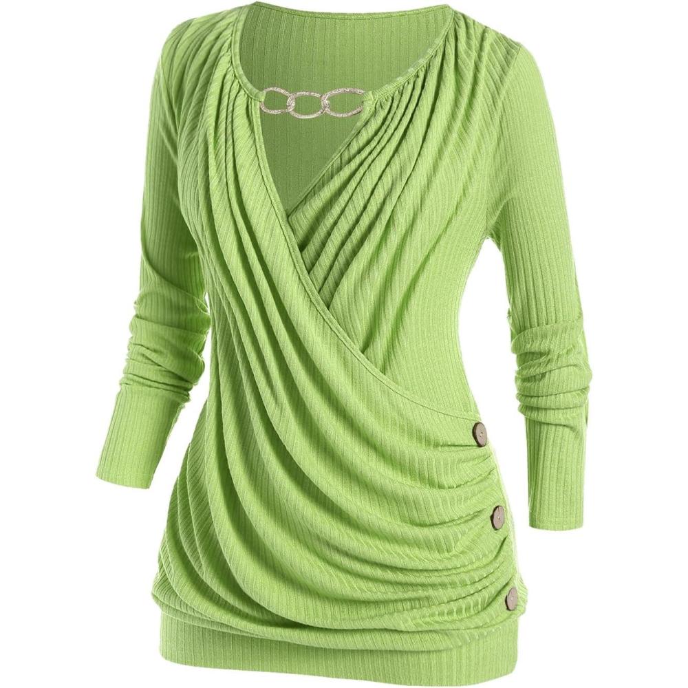 image:imageROSE GAL Rosegal Womens Plus Size Wide Ribbed Keyhole Cutout Draped Ruched Surplice Wrap Long Sleeve Blouson TopGreen